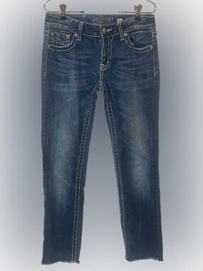 Miss Me Jeans Women’s 30 Skinny Sunny Denim Blue Raw Hem Classic Big Stitch Rock